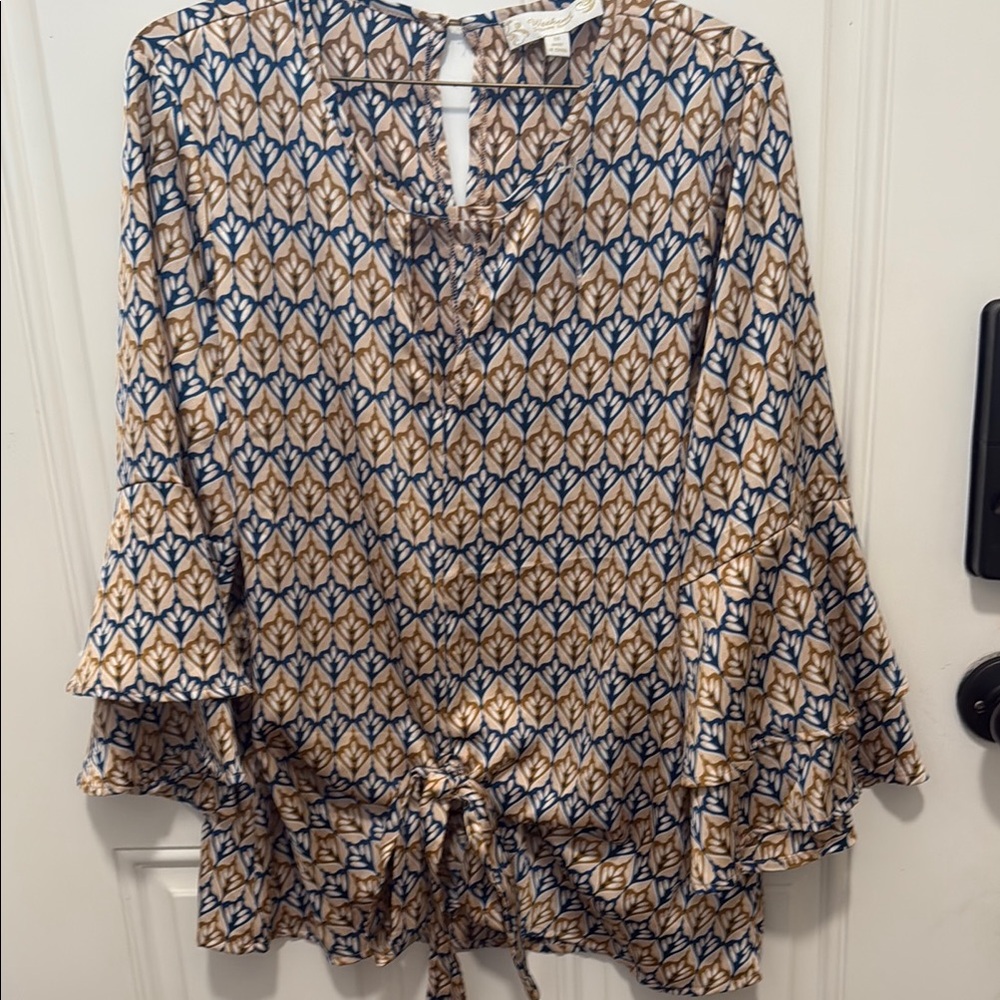 Anthropologie Blue and Orange Blouse with Bell Sleeves and Tie Front